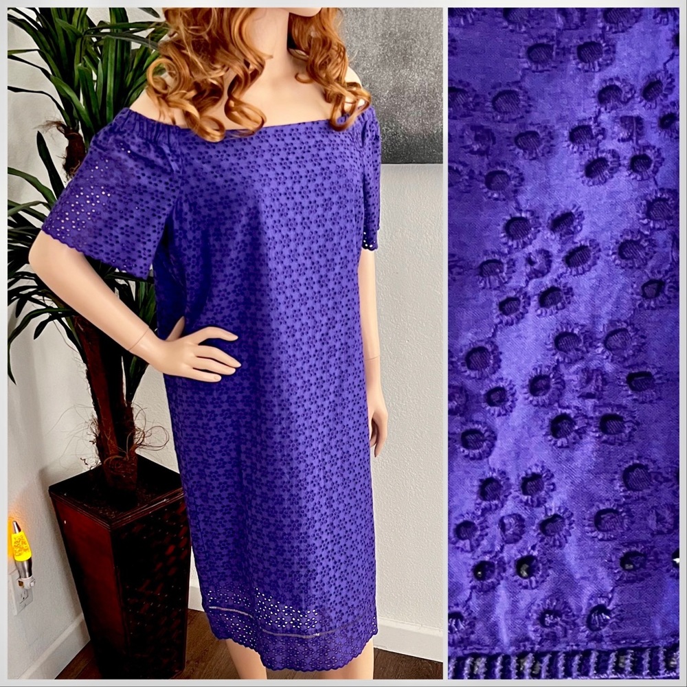 Ralph Lauren Purple Broderie Anglaise Off the Shoulder Short Sleeve Midi Dress